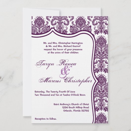 5x7 Plum Paars Damask Lace Wedding Invitation Kaart (Voorkant)