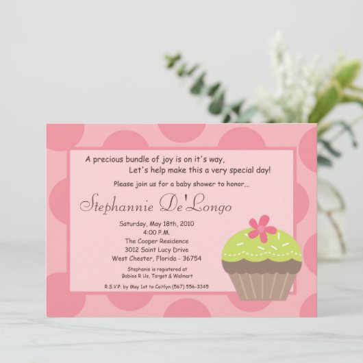 5x7 Polka Dot Cup Cake Baby Shower Invitation Kaart (Staand voorkant)