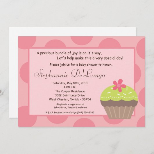 5x7 Polka Dot Cup Cake Baby Shower Invitation Kaart (Voorkant / Achterkant)