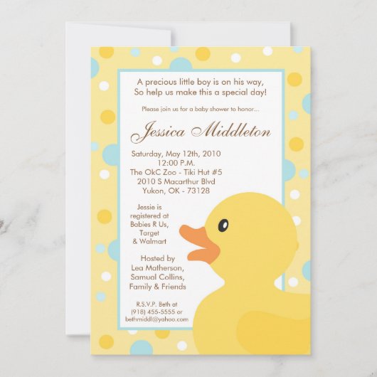 5x7 Polka Dot Rubber Ducky Baby shower Uitnodiging (Voorkant)