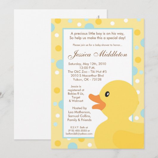 5x7 Polka Dot Rubber Ducky Baby shower Uitnodiging (Voorkant / Achterkant)