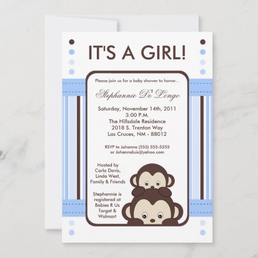 5x7 Pop Monkey Blue Oerwoud Baby shower Uitnodigin Kaart (Voorkant)