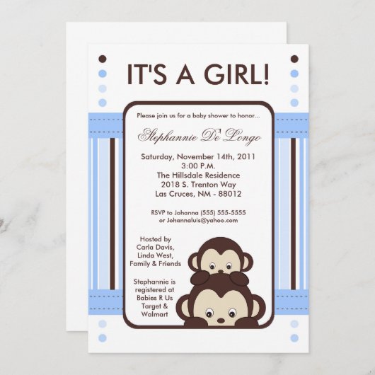 5x7 Pop Monkey Blue Oerwoud Baby shower Uitnodigin Kaart (Voorkant / Achterkant)