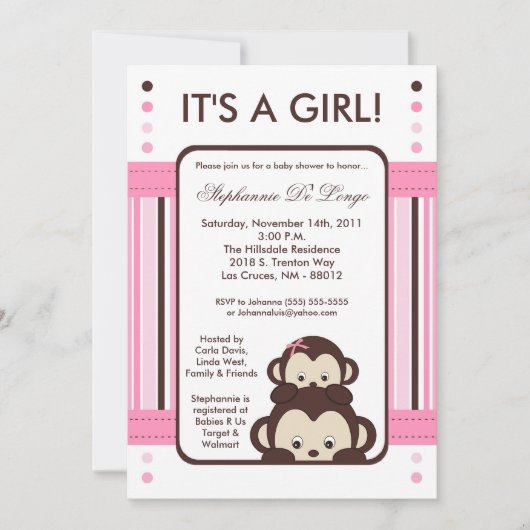 5x7 Pop Monkey Pink Oerwoud Baby shower Uitnodigin Kaart (Voorkant)