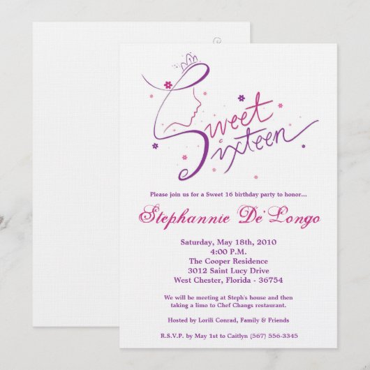 5x7 Prinses Meisje Sweet 16 Verjaardag Uitnodiging (Voorkant / Achterkant)