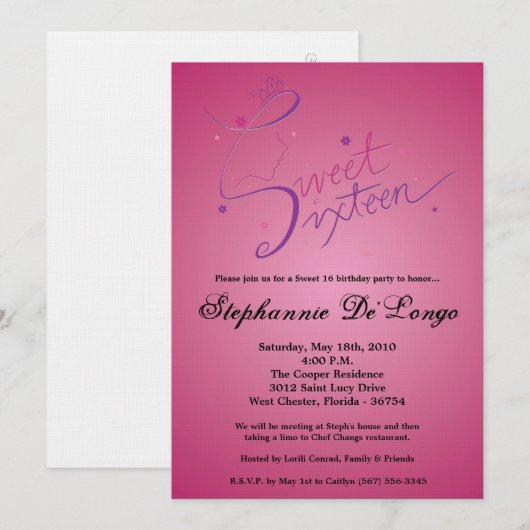 5x7 Prinses Meisje Sweet 16 Verjaardag Uitnodiging (Voorkant / Achterkant)