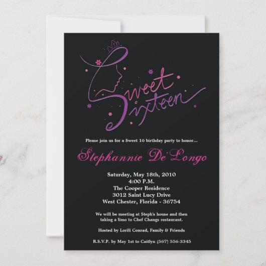 5x7 Prinses Meisje Sweet 16 Verjaardag Uitnodiging (Voorkant)