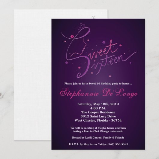 5x7 Prinses Meisje Sweet 16 Verjaardag Uitnodiging (Voorkant / Achterkant)