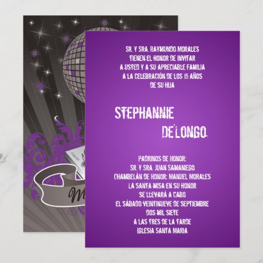 5x7 Purpl DJ Spin Platenspeler Quinceanera Uitnodi Kaart (Voorkant / Achterkant)