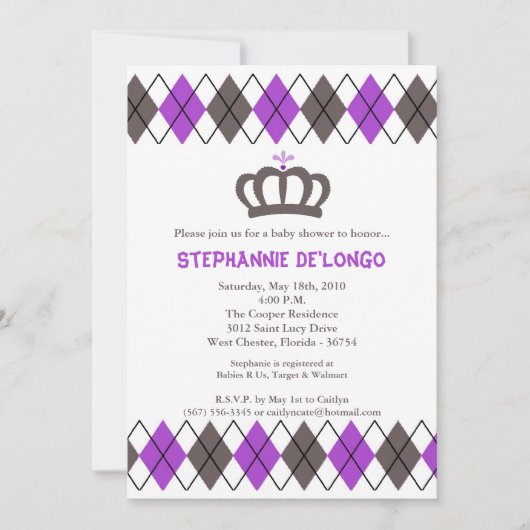 5x7 Purpl Grey Argyle Crown Baby shower Uitnodigin Kaart (Voorkant)