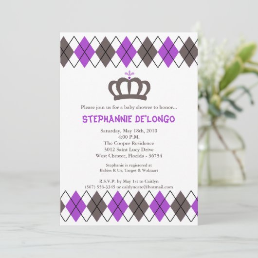 5x7 Purpl Grey Argyle Crown Baby shower Uitnodigin Kaart (Staand voorkant)