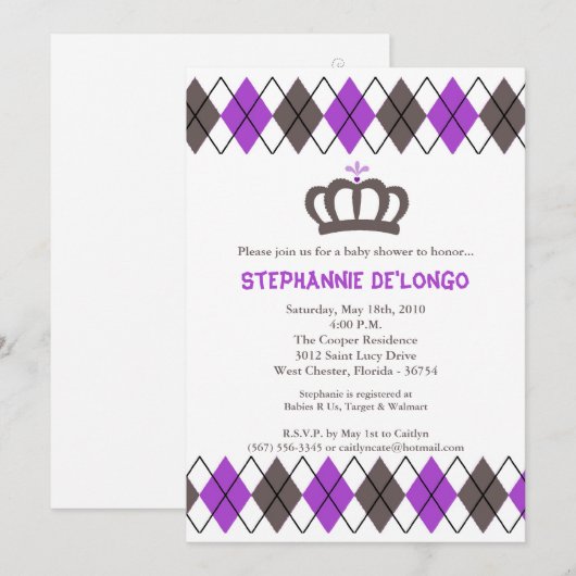5x7 Purpl Grey Argyle Crown Baby shower Uitnodigin Kaart (Voorkant / Achterkant)