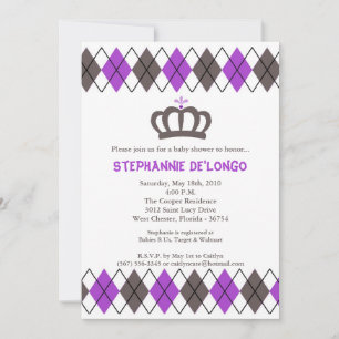 5x7 Purpl Grey Argyle Crown Baby shower Uitnodigin Kaart
