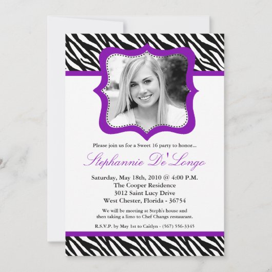 5x7 Purpl Zebra PHOTO Sweet 16 Birthday Invitation Kaart (Voorkant)