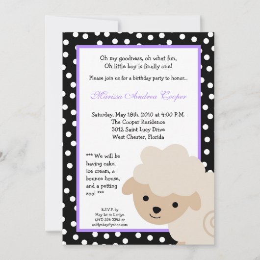 5x7 Purple Farm Sheep Birthday Party Invitation Kaart (Voorkant)