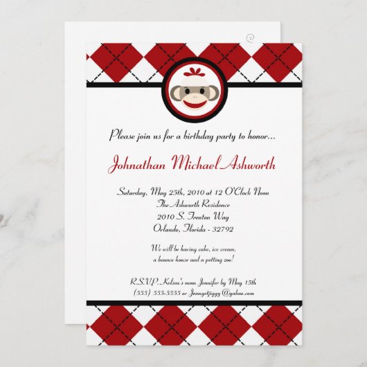 5x7 Red Arg Sock Monkey Speelgoed Birthday Uitnodi Kaart (Voorkant / Achterkant)