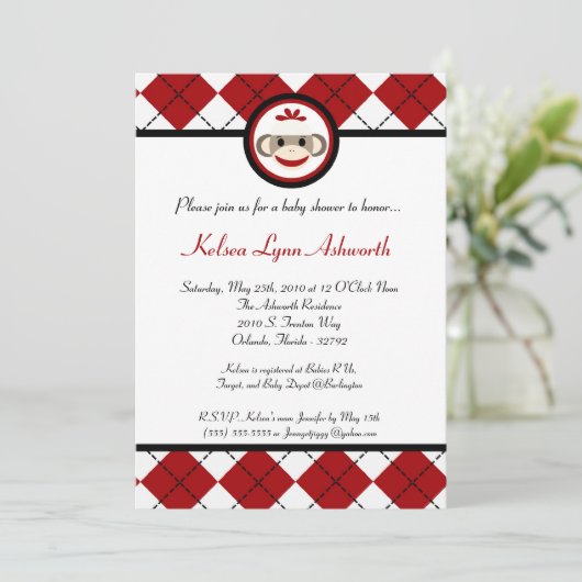 5x7 Red Arg Sock Monkey Speelgoed Uitnodiging (Staand voorkant)