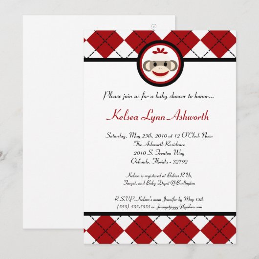 5x7 Red Arg Sock Monkey Speelgoed Uitnodiging (Voorkant / Achterkant)