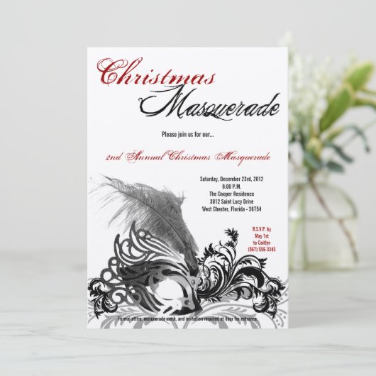 5x7 Red Black Masquerade-kerstuitnodiging Kaart (Staand voorkant)