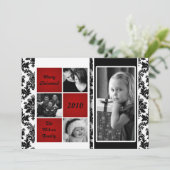 5x7 Red Box Damask FOTO-kerstkaart Feestdagenkaart (Staand voorkant)