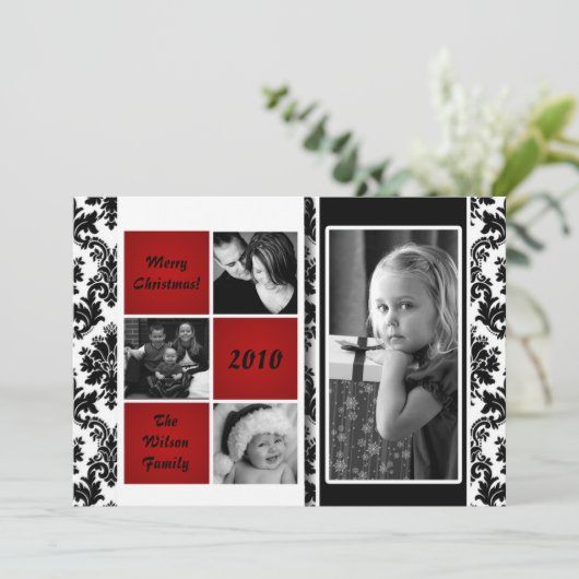 5x7 Red Box Damask FOTO-kerstkaart Feestdagenkaart (Staand voorkant)