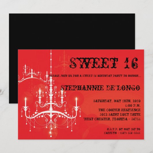 5x7 Red Chandelier Sweet 16 Birthday Invitation Kaart (Voorkant / Achterkant)