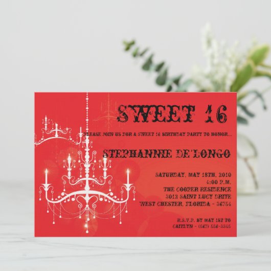 5x7 Red Chandelier Sweet 16 Birthday Invitation Kaart (Staand voorkant)
