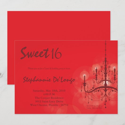 5x7 Red Chandelier Sweet 16 Birthday Invitation Kaart (Voorkant / Achterkant)