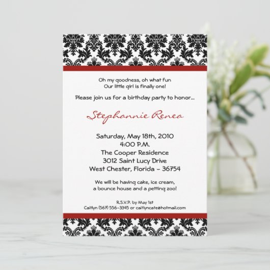 5x7 Red Crimson Damask verjaardagsfeestje uitnodig Kaart (Staand voorkant)