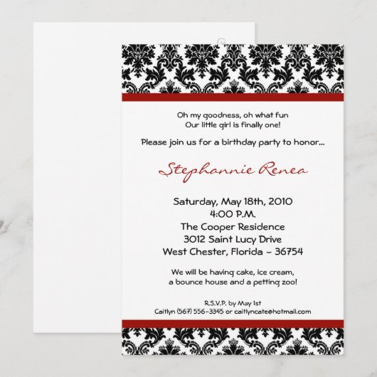 5x7 Red Crimson Damask verjaardagsfeestje uitnodig Kaart (Voorkant / Achterkant)