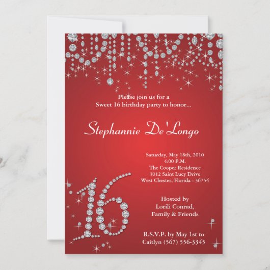 5x7 Red Diamond Sweet 16 Birthday Invitation Kaart (Voorkant)