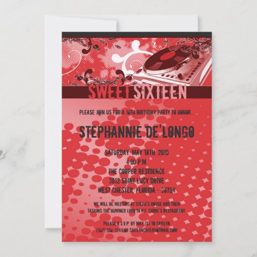 5x7 Red DJ Spin Platenspeler16th Birthday Invitati Kaart (Voorkant)