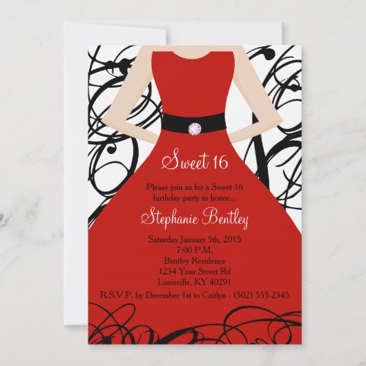 5x7 Red Dress Sweet 16 Birthday Invitation Kaart (Voorkant)