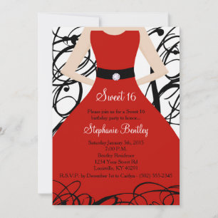 5x7 Red Dress Sweet 16 Birthday Invitation Kaart