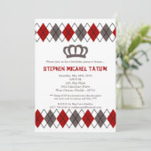 5x7 Red Gra Argyle Crown Verjaardagsfeestje Uitnod Kaart (Staand voorkant)