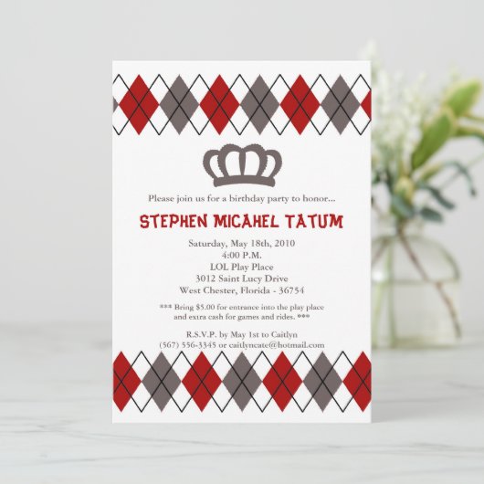 5x7 Red Gra Argyle Crown Verjaardagsfeestje Uitnod Kaart (Staand voorkant)
