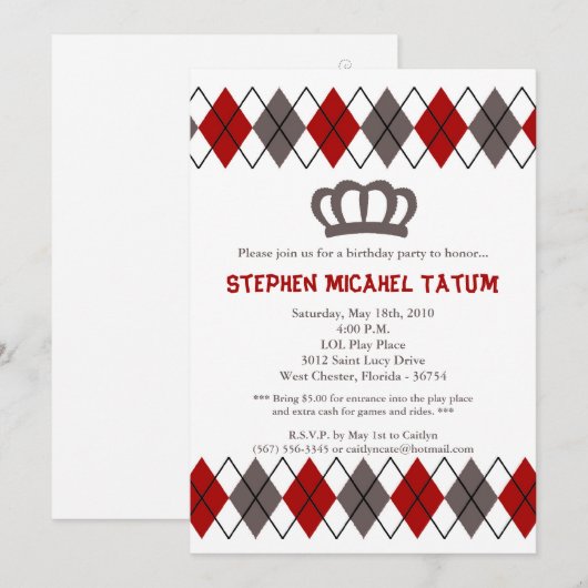 5x7 Red Gra Argyle Crown Verjaardagsfeestje Uitnod Kaart (Voorkant / Achterkant)