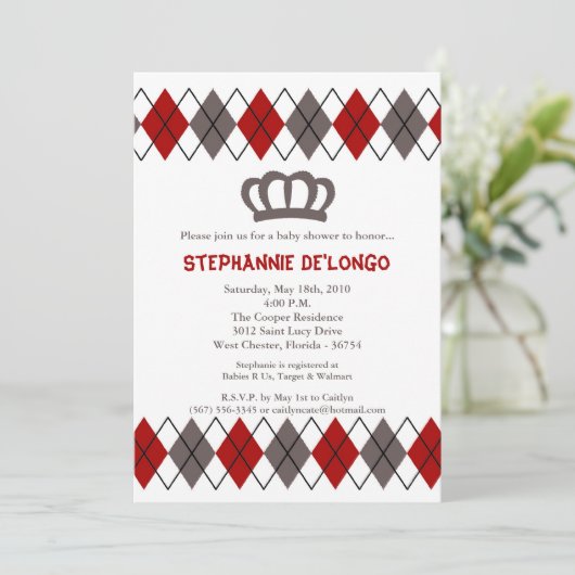 5x7 Red Gray Argyle Crown Baby shower Uitnodiging (Staand voorkant)