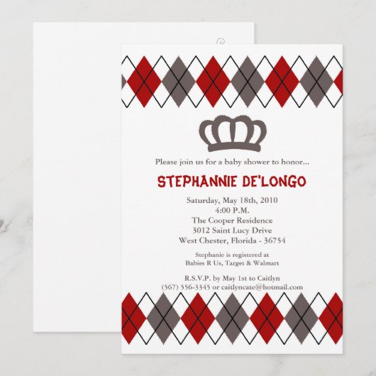 5x7 Red Gray Argyle Crown Baby shower Uitnodiging (Voorkant / Achterkant)
