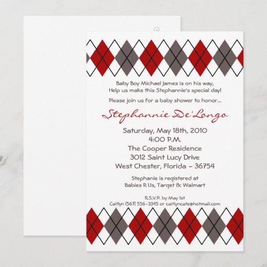 5x7 Red Grey Argyle Punk Baby shower Uitnodiging (Voorkant / Achterkant)