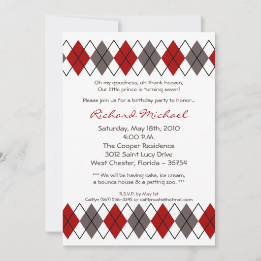 5x7 Red Grey Argyle Punk Birthday Party Invitation Kaart (Voorkant)