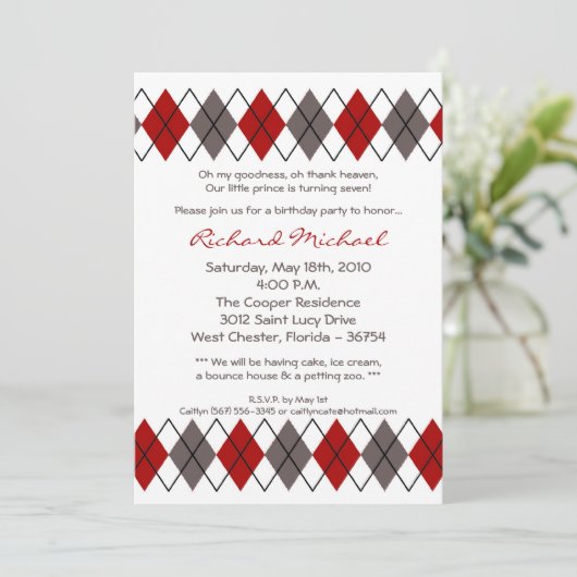 5x7 Red Grey Argyle Punk Birthday Party Invitation Kaart (Staand voorkant)
