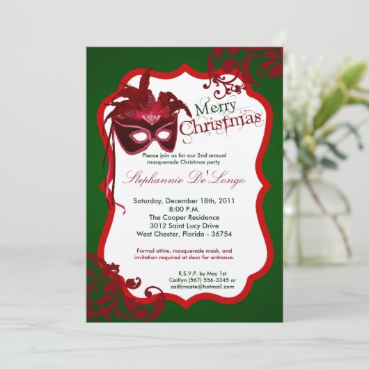 5x7 Red Masquerade Maskermasker XMAS-uitnodiging Kaart (Staand voorkant)
