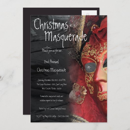 5x7 Red Masquerade met Kerstmis XMAS-uitnodiging Kaart (Voorkant / Achterkant)