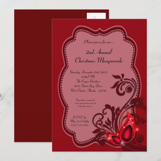 5x7 Red Masquerade met Kerstmis XMAS-uitnodiging Kaart (Voorkant / Achterkant)