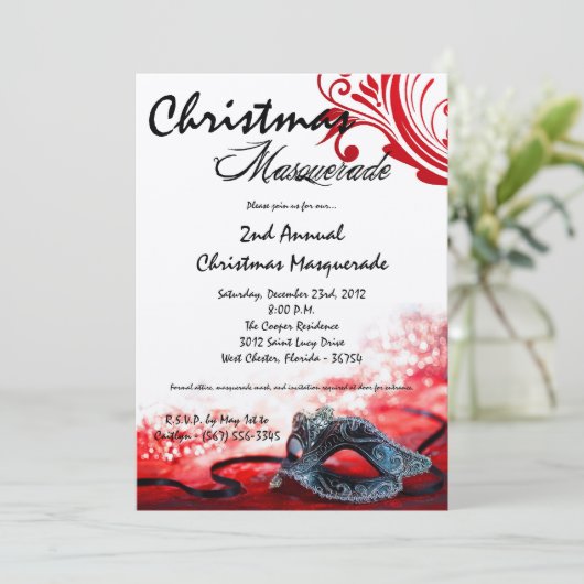 5x7 Red Masquerade met Kerstmis XMAS-uitnodiging Kaart (Staand voorkant)