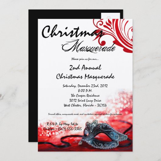 5x7 Red Masquerade met Kerstmis XMAS-uitnodiging Kaart (Voorkant / Achterkant)