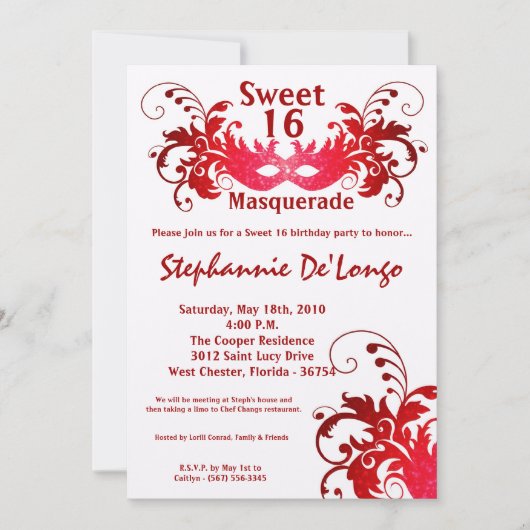5x7 Red Masquerade Sweet 16 Birthday Invitation Kaart (Voorkant)
