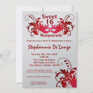 5x7 Red Masquerade Sweet 16 Birthday Invitation Kaart