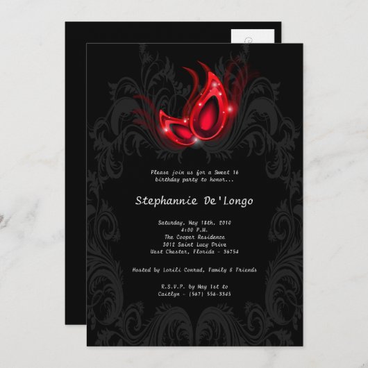 5x7 Red Masquerade Sweet 16 Birthday Invitation Kaart (Voorkant / Achterkant)